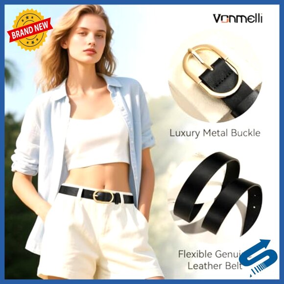 Faux Leather Belt with Gold Buckle, Size M, 43 Inches, Classic Style